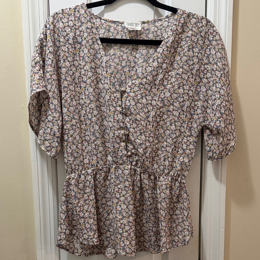 Sienna Sky Floral V-Neck Blouse with Elastic Waist and Flutter Sleeves - Picture 7 of 7